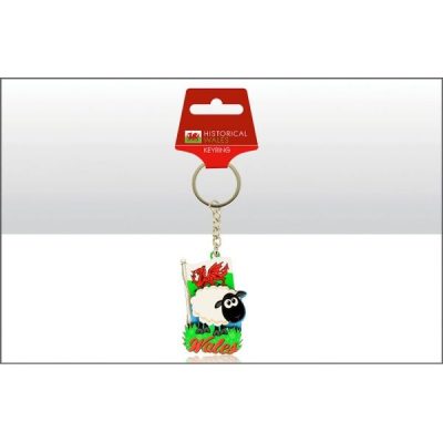 Wales Flag and Sheep Wood Keyring